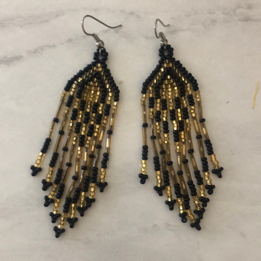 Gold and Black | Beaded Tassel Fringe Earrings